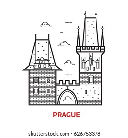 Travel Prague landmark icon. Charles bridge towers on Vltava river is famous architectural tourist attraction in Czech Republic capital. Line Prague destination vector illustration in outline design.