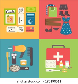 Travel preparation set. Do not forget to take all necessary things for trip and traveling: first-aid kit, hygiene supplies and documents. Travel infographic elements. Flat design vector illustration.