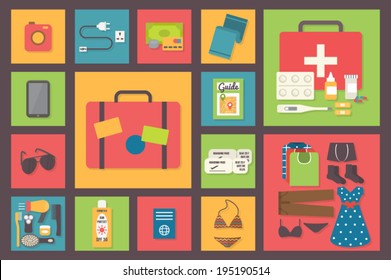 Travel preparation set. Do not forget to take all necessary supplies for trip and traveling. Travel infographic elements. Flat design vector illustration.