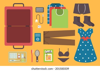 Travel preparation set. Luggage and necessary supplies for trip and traveling. Travel infographic elements. Flat design vector illustration. 