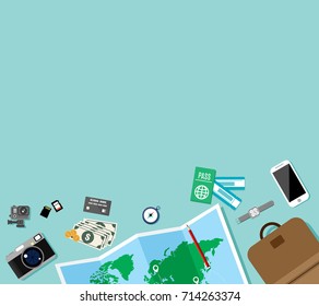 travel preparation, trip vacation element, touristic map, banknotes and coins, Journey planning, Flat design for business marketing advertising web tourism tourist travel object vector illustration.
