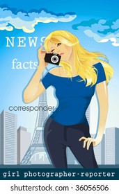 Travel profession series. Journalist. Reporter. A girl photographer on background city. Clipart vector illustration of Female tourist with a camera on backdrop of Eiffel tower.