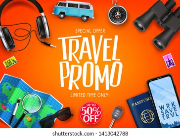 Travel Promo Ads Banner Up To 50% Off Special Offer with Vector 3D Realistic Traveling Item Elements in Orange Background. For Promotional Purposes