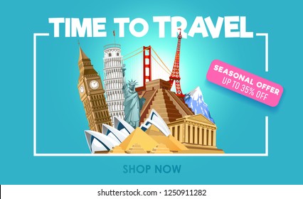 Travel promo banner with discount. Time to travel inspirational promo poster. Vector illustration