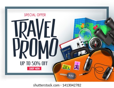 Travel Promo Banner Special Offer Up To 50% Off with Blue Frame 3D Realistic Vector Traveling Item Elements in White Isolated Background. For Promotional Purposes