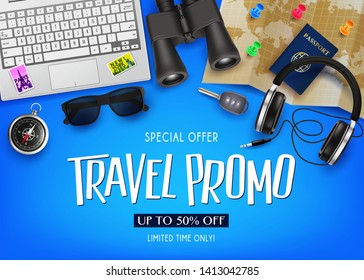 Travel Promo Banner Special Offer Up To 50% Off with 3D Realistic Vector Traveling Item Elements in Blue Background. For Promotional Purposes
