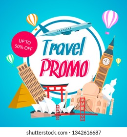 Travel Promo, Discount Coupon Template with Text. Tour Organization Special Offer, 50 off Sale. Airlines Flyer, Advertisement. Travel Voucher. World Famous Tourist Attractions Vector Illustration
