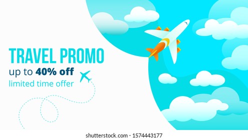 Travel promo up to forty percents off poster vector illustration. Add banner with blue sky and flying airplane limited time offer for tourists to travel abroad flat style design. Travelling concept