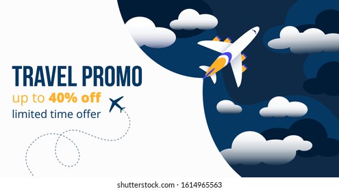 Travel promo up to forty percents off banner vector illustration. Add template showing limited offer time for tourists and foreigners to travel abroad with comfort flat style concept