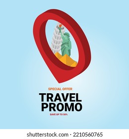 Travel promo special offer 3d isometric vector illustration concept for banner, website, landing page, ads, flyer template