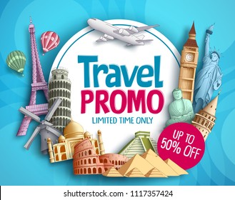 Travel promo vector banner design with world's famous tourist landmarks elements and white space for promotion text. Vector illustration.
