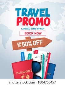 Travel promo vector banner design. Travel promo offer in world map space for text with travel and tour elements like passport and tickets for online ticket booking. Vector illustration.