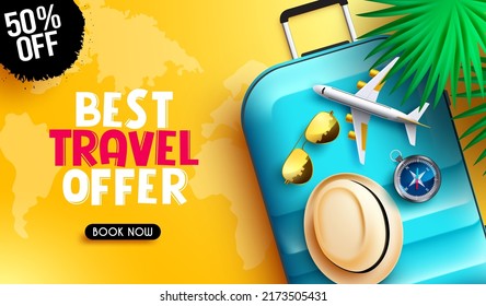 Travel promo vector banner design. Best travel offer text with booking discount offer in yellow map element for flight travelling price sale promotion. Vector illustration.
