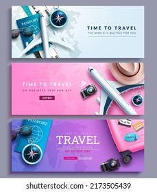 Travel promo vector banner set design. Time to travel text promotion with special discount offer collection for business trip travelling sale. Vector illustration.
