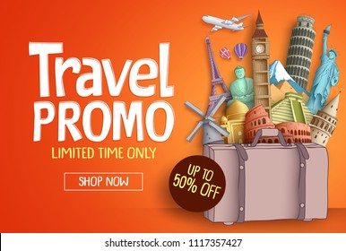 Travel promo vector banner template with world's famous tourist landmarks, baggage elements and discount text for travel agency. Vector illustration.
