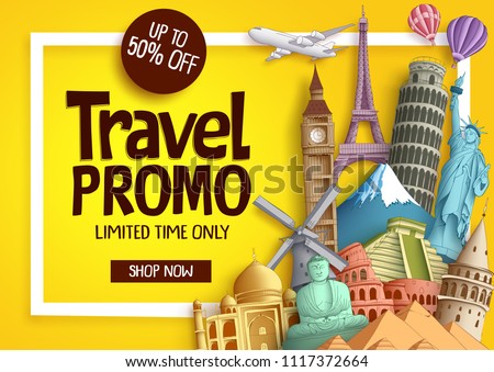 Travel promo vector banner template with discount text and famous tourist landmarks elements in a frame for travel and tour promotion. Vector illustration.
