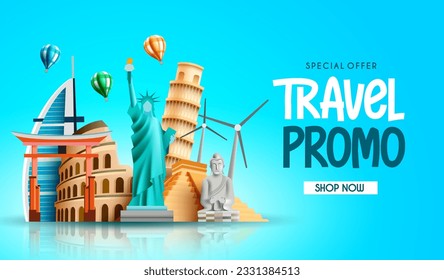 Travel promo vector design. Travel promo special offer text with worldwide destination landmarks for tourist vacation travel and visit. Vector illustration.