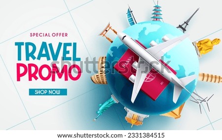 Travel promo vector design. Travel promo text with special price discount in globe and international destination landmarks for worldwide tour offer. Vector illustration.