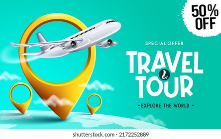 Travel promo vector design. Travel tour text with special offer discount with airplane and location pin elements for flight travelling price sale promotion. Vector illustration.
 - Shutterstock ID 2172252889