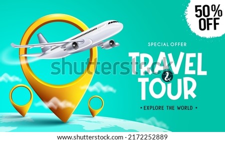 Travel promo vector design. Travel tour text with special offer discount with airplane and location pin elements for flight travelling price sale promotion. Vector illustration.
