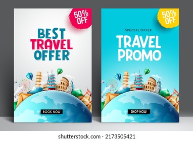 Conjunto de diseño de afiches vectoriales de promoción de viajes. Oferta de promoción de viajes texto con descuento especial con elementos de destino de viaje para anuncios de venta de vacaciones turísticas. Ilustración vectorial.
