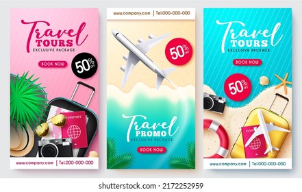 Travel promo vector poster set design. Travel tours exclusive package text collection in half the price discount with travelling elements for tourist vacation sale offer. Vector illustration.
