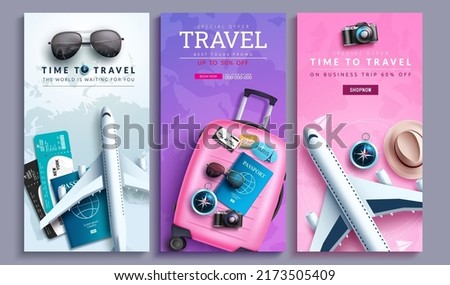 Travel promo vector poster set design. Time to travel text collection with special business trip offer for travelling price discount sale. Vector illustration.
