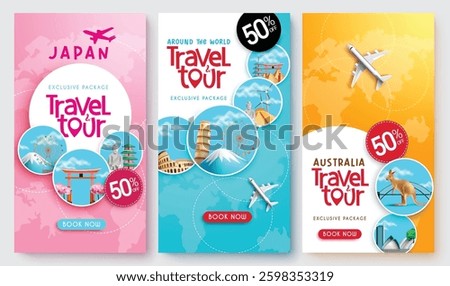 Travel promo vector poster set design. Travel tour text with worldwide travelling package discount for exclusive deal offer collection. Vector illustration.
