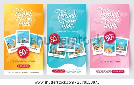 Travel promo vector poster set design. Travel tour text with package discount sale collection in worldwide destination background for travelling tourist offer. Vector illustration.
