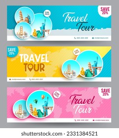 Travel promo vector set design. Travel tour text discount certificate collection in colorful gift check for worldwide travelling promotion offer. Vector illustration.