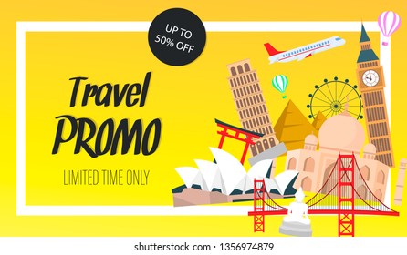 Travel Promo Website Banner, Flyer Vector Template. Airlines Special Offer, Discount. Tour Operator Horizontal Poster. Famous Landmarks Flat Drawing with Text Space. Tourist Attractions