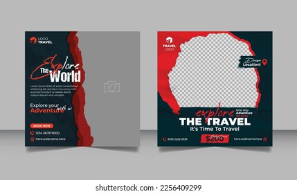 Travel promotion banner travelling business marketing social media post or summer holiday beach tourism square flyer template.