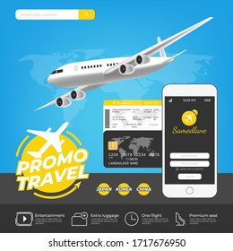 Travel promotion template with mobile phone and website for booking Airplane Tickets Online, Boarding passes, Check departures. The concept of background Banner Promotion. Vector illustration