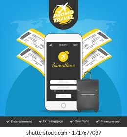 Travel promotion template with mobile phone and website for booking Airplane Tickets Online, Boarding passes, Check departures. The concept of background Banner Promotion. Vector illustration