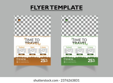 Travel promotional Flyer poster for travel agency | Orange and Green colors | Line Tool | Vector template in A4 size