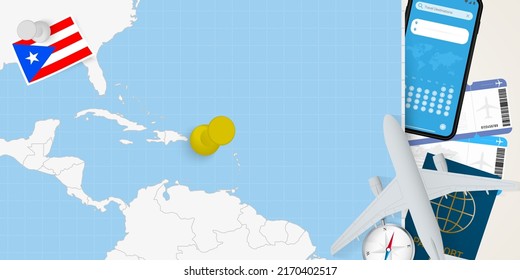 Viaje al concepto de Puerto Rico, mapa con pin en el mapa de Puerto Rico. Mapa de preparación de vacaciones, bandera, pasaporte y boletos. Ilustración vectorial en diseño plano.