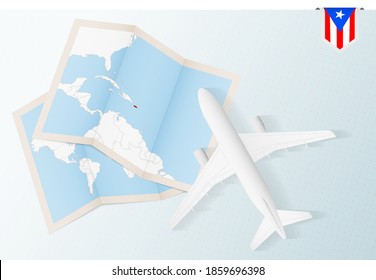 Travel to Puerto Rico, top view airplane with map and flag of Puerto Rico. Travel and tourism banner design.