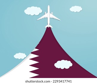 Travel to Qatar by flight, destination concept, vacation in Qatar, plane vector design, paper cut effect with blue sky and airplane, summer trip idea, country tourism banner