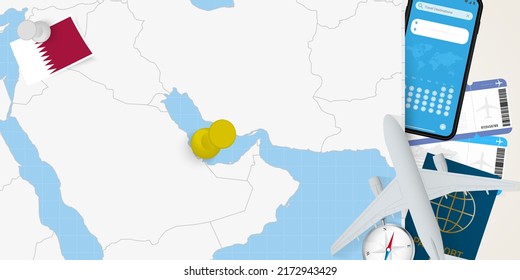 Viaje al concepto de Qatar, mapa con pin en el mapa de Qatar. Mapa de preparación de vacaciones, bandera, pasaporte y boletos. Ilustración vectorial en diseño plano.