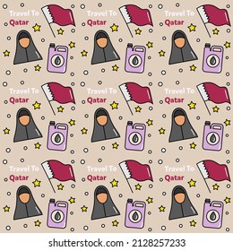 Travel to Qatar doodle seamless pattern vector design. Map, flag, oil, camel are icon identic with Qatar.