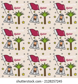 Viaje a Qatar doodle diseño vectorial sin fisuras. Mapa, bandera, aceite, camello son íconos idénticos a Qatar.