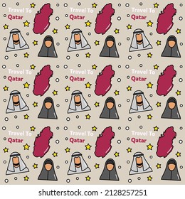 Travel to Qatar doodle seamless pattern vector design. Map, flag, oil, camel are icon identic with Qatar.