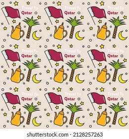 Viaje a Qatar doodle diseño vectorial sin fisuras. Mapa, bandera, aceite, camello son íconos idénticos a Qatar.