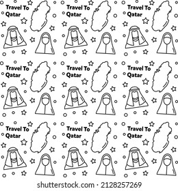 Travel to Qatar doodle seamless pattern vector design. Map, flag, oil, camel are icon identic with Qatar.