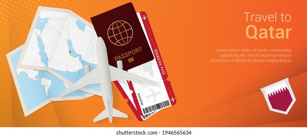 Travel to Qatar pop-under banner. Trip banner with passport, airplane boarding pass tickets, map and flag of Qatar. Vector template.