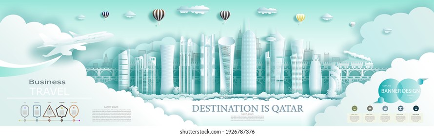 Viaje por Qatar al mejor rascacielos moderno y la famosa arquitectura de la ciudad. Diseño de folletos de negocios modernos para publicidad con infografías. Tour Doha en Qatar, punto de referencia de Asia con un horizonte popular.