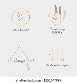 Travel quotes with hand sketched badges ornament vector set