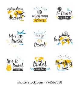 Travel Quotes Icon Set Hand Drawn Lettering Tourism And Adventure Concept Vector Illustration