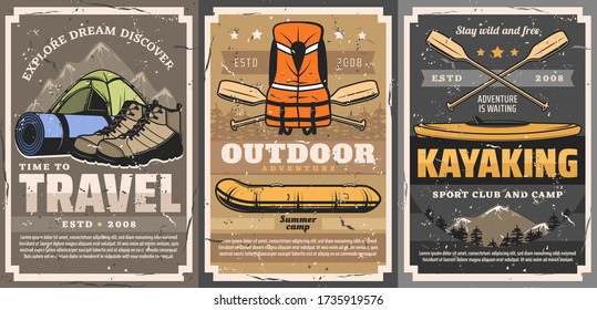 Travel, rafting, trekking and kayaking sports vector posters. Active leisure, camping outdoor adventure. Sport camp or club with travel mat and tents, boat and life vest, kayak and oars