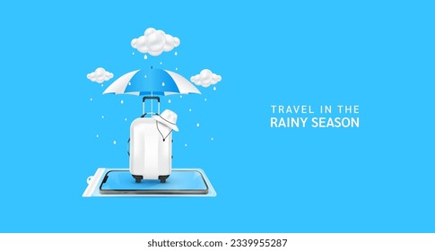 Travel in the rainy season. Monsoon rain clouds with water droplets falling. Luggage bag or suitcase, hat white on smartphone in waterproof pouch and umbrella. For media tourism ads design. 3D Vector